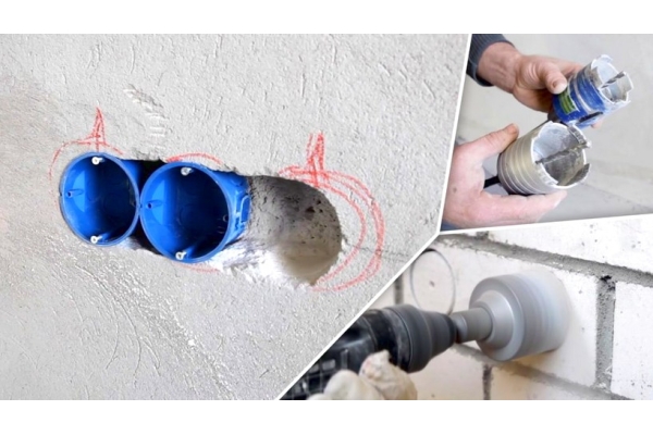 Устройство вывода под электроточку в бетоне  (протяжка кабеля, штроба, корновка подрозетника)
