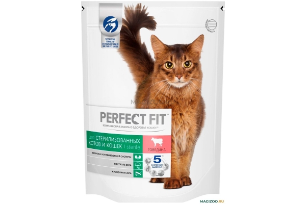 Сухой корм для взрослых кастрированных котов и стерилизованных кошек PERFECT FIT STERILE (с говядиной)