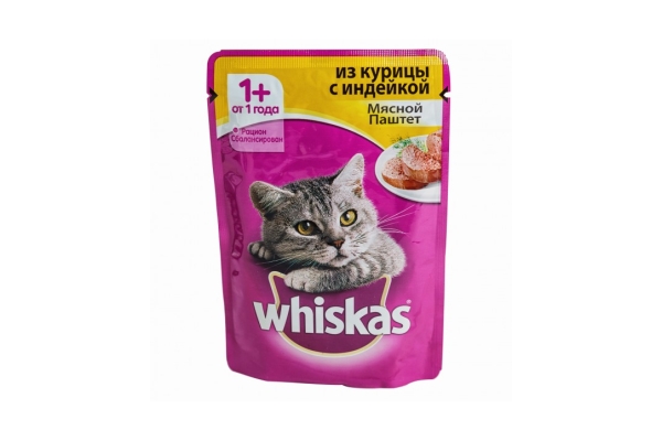 Консервы для кошек Whiskas (мясной паштет из курицы с индейкой)