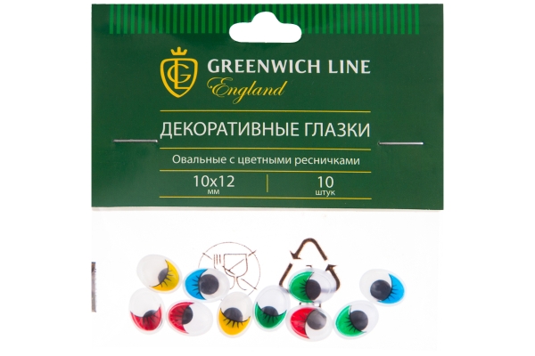 Материал декоративный Greenwich Line "Глазки", с цветными ресничками, овальные, 10*12мм, 10шт.
