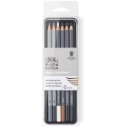 Набор чернографитных карандашей Winsor&Newton, (4В, 8В, белый мел, угольный, черный) в метал пенале